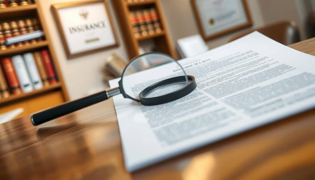 A close-up view of a traditional insurance policy document, elegantly displayed on a wooden desk. The foreground features the policy prominently, with detailed text visible in an organized layout. In the middle ground, there is a sophisticated magnifying glass partially resting on the document, emphasizing scrutiny and examination. The background shows a blurred office environment with shelves of law books and a certificate framed on the wall, conveying a sense of professionalism and authority. The lighting is soft and warm, inviting yet serious, enhancing the mood of trust and caution in the insurance industry. The camera angle is slightly above the desk level, giving an intimate perspective that draws the viewer into the analysis of insurance practices. A close-up view of a traditional insurance policy document, elegantly displayed on a wooden desk. The foreground features the policy prominently, with detailed text visible in an organized layout. In the middle ground, there is a sophisticated magnifying glass partially resting on the document, emphasizing scrutiny and examination. The background shows a blurred office environment with shelves of law books and a certificate framed on the wall, conveying a sense of professionalism and authority. The lighting is soft and warm, inviting yet serious, enhancing the mood of trust and caution in the insurance industry. The camera angle is slightly above the desk level, giving an intimate perspective that draws the viewer into the analysis of insurance practices.