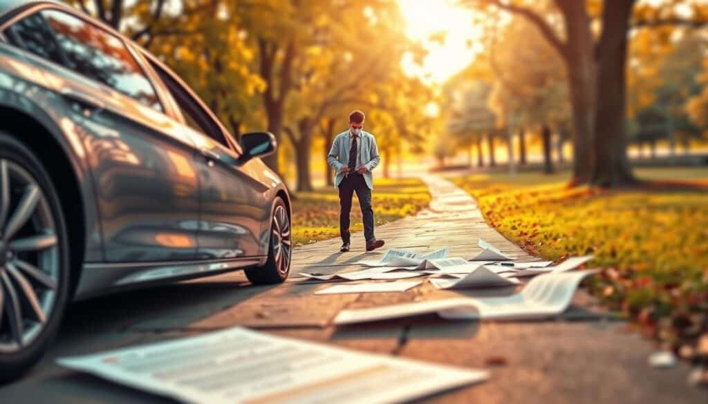 A detailed illustration of a vehicle being misused, focusing on a sleek sedan parked in an unconventional and inappropriate setting, such as on a public park pathway. In the foreground, the car's side profile is clearly visible, with a slightly open door suggesting a quick exit. In the middle ground, a person in professional attire is inspecting the vehicle with a concerned expression, surrounded by scattered papers that represent a contract or agreement. The background features blurred trees and park scenery, with warm sunlight filtering through the leaves, creating a tense atmosphere indicating a potential conflict. The composition should be captured from a low angle to enhance the sense of urgency and seriousness of the situation, emphasizing the theme of contractual non-compliance. A detailed illustration of a vehicle being misused, focusing on a sleek sedan parked in an unconventional and inappropriate setting, such as on a public park pathway. In the foreground, the car's side profile is clearly visible, with a slightly open door suggesting a quick exit. In the middle ground, a person in professional attire is inspecting the vehicle with a concerned expression, surrounded by scattered papers that represent a contract or agreement. The background features blurred trees and park scenery, with warm sunlight filtering through the leaves, creating a tense atmosphere indicating a potential conflict. The composition should be captured from a low angle to enhance the sense of urgency and seriousness of the situation, emphasizing the theme of contractual non-compliance.