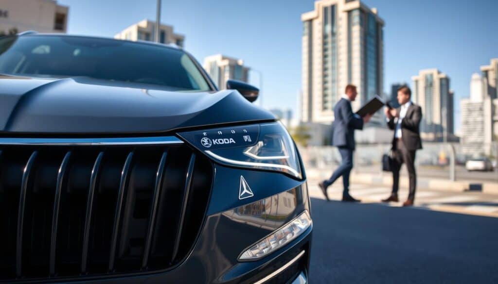 A detailed image of a modern Škoda car, showcasing its sleek lines and sophisticated design, parked in an urban environment. In the foreground, focus on the vehicle's front view with gleaming headlights and a bold grille, emphasizing the emblem. In the middle ground, include a slightly blurred street scene with people in professional attire discussing vehicle damages, indicating a sense of evaluation and analysis. The background features a cityscape with tall buildings and a clear blue sky, creating a bright and inviting atmosphere. Use natural daylight, casting soft shadows for a realistic touch. Capture the scene from a low angle to emphasize the vehicle’s stature and evoke a feeling of professionalism and trust. A detailed image of a modern Škoda car, showcasing its sleek lines and sophisticated design, parked in an urban environment. In the foreground, focus on the vehicle's front view with gleaming headlights and a bold grille, emphasizing the emblem. In the middle ground, include a slightly blurred street scene with people in professional attire discussing vehicle damages, indicating a sense of evaluation and analysis. The background features a cityscape with tall buildings and a clear blue sky, creating a bright and inviting atmosphere. Use natural daylight, casting soft shadows for a realistic touch. Capture the scene from a low angle to emphasize the vehicle’s stature and evoke a feeling of professionalism and trust.