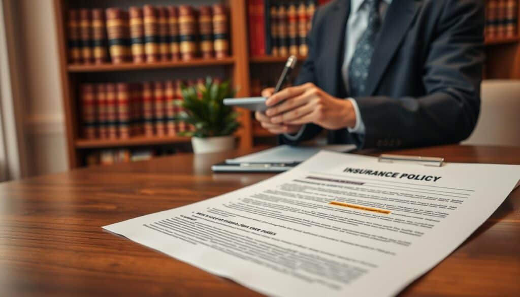 A detailed image of a professional insurance policy document, placed prominently in the foreground on a sleek wooden desk. The policy should have a clean, organized layout, showcasing sections like terms, coverage details, and fine print, with a few highlighted parts that suggest complex clauses. In the middle ground, a pair of hands in business attire are reviewing the document, featuring a notepad and pen for notes. The background includes a soft-focus bookshelf filled with legal texts and a potted plant to add warmth, under warm, diffused lighting that suggests a serious, analytical atmosphere. The lens effect should create a shallow depth of field, drawing attention to the hands and the document, evoking a sense of professionalism and scrutiny. A detailed image of a professional insurance policy document, placed prominently in the foreground on a sleek wooden desk. The policy should have a clean, organized layout, showcasing sections like terms, coverage details, and fine print, with a few highlighted parts that suggest complex clauses. In the middle ground, a pair of hands in business attire are reviewing the document, featuring a notepad and pen for notes. The background includes a soft-focus bookshelf filled with legal texts and a potted plant to add warmth, under warm, diffused lighting that suggests a serious, analytical atmosphere. The lens effect should create a shallow depth of field, drawing attention to the hands and the document, evoking a sense of professionalism and scrutiny.