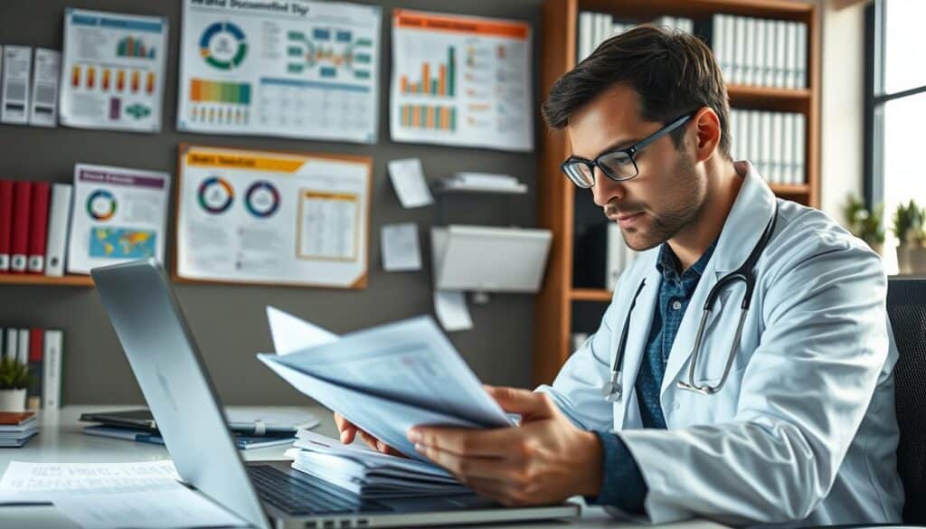 A detailed, professional scene depicting a medical documentation analysis environment. In the foreground, a focused medical professional, wearing a lab coat and glasses, is intently examining a stack of medical files and complex reports. They are seated at a modern desk with a laptop open, casting soft light on the documents. The middle ground features an organized workspace with colorful charts and diagrams pinned on a bulletin board, showcasing various medical data. In the background, shelves filled with books on medical ethics and insurance practices bring context to the setting. The lighting is bright yet soft, creating an atmosphere of seriousness and diligence. The angle is slightly above eye-level, offering a clear view of the professional's concentrated expression as they navigate through the intricate details of medical records, encapsulating the theme of documentation challenges. A detailed, professional scene depicting a medical documentation analysis environment. In the foreground, a focused medical professional, wearing a lab coat and glasses, is intently examining a stack of medical files and complex reports. They are seated at a modern desk with a laptop open, casting soft light on the documents. The middle ground features an organized workspace with colorful charts and diagrams pinned on a bulletin board, showcasing various medical data. In the background, shelves filled with books on medical ethics and insurance practices bring context to the setting. The lighting is bright yet soft, creating an atmosphere of seriousness and diligence. The angle is slightly above eye-level, offering a clear view of the professional's concentrated expression as they navigate through the intricate details of medical records, encapsulating the theme of documentation challenges.