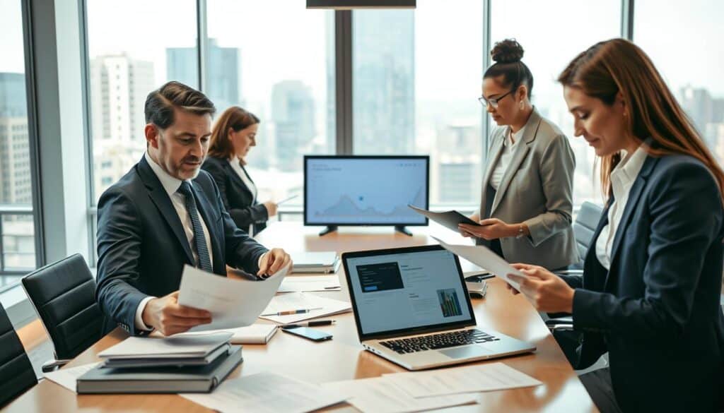 A detailed scene illustrating the process of an insurance claim assessment, portraying a diverse group of professionals in a well-lit office environment. In the foreground, a middle-aged male insurance adjuster in a smart business suit examines paperwork with a focused expression, while a young female claims specialist in business casual clothing reviews documents on a laptop. The middle ground features a conference table scattered with files, claim forms, and a laptop displaying a digital dashboard, symbolizing the claim management process. The background shows large windows with natural light flooding the room, highlighting a cityscape outside. The atmosphere is professional and collaborative, emphasizing the complexities and importance of the claims liquidation process, with a clean and modern aesthetic. A detailed scene illustrating the process of an insurance claim assessment, portraying a diverse group of professionals in a well-lit office environment. In the foreground, a middle-aged male insurance adjuster in a smart business suit examines paperwork with a focused expression, while a young female claims specialist in business casual clothing reviews documents on a laptop. The middle ground features a conference table scattered with files, claim forms, and a laptop displaying a digital dashboard, symbolizing the claim management process. The background shows large windows with natural light flooding the room, highlighting a cityscape outside. The atmosphere is professional and collaborative, emphasizing the complexities and importance of the claims liquidation process, with a clean and modern aesthetic.