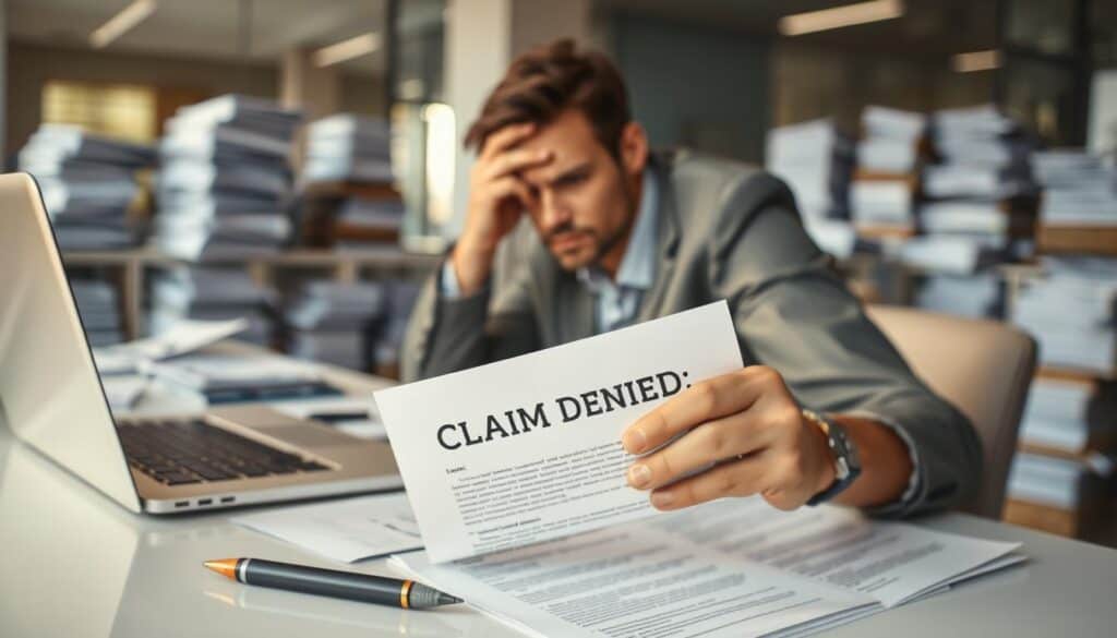 A frustrated customer sitting at a sleek modern office desk, surrounded by paperwork and insurance policy documents, showcasing an expression of disappointment. In the foreground, a close-up of the customer’s hand holding a rejection letter marked “Claim Denied” in bold letters, with a pen lying beside it. The middle ground features an open laptop displaying email correspondence with an insurance company, hinting at an ongoing dispute. The background shows a blurred office space filled with stacks of paperwork and files, creating a sense of chaos. The lighting is soft and warm, suggesting a late afternoon glow, enhancing the mood of frustration and disillusionment. Shot with a shallow depth of field to focus on the customer and the rejection letter, evoking a sense of urgency and concern. A frustrated customer sitting at a sleek modern office desk, surrounded by paperwork and insurance policy documents, showcasing an expression of disappointment. In the foreground, a close-up of the customer’s hand holding a rejection letter marked “Claim Denied” in bold letters, with a pen lying beside it. The middle ground features an open laptop displaying email correspondence with an insurance company, hinting at an ongoing dispute. The background shows a blurred office space filled with stacks of paperwork and files, creating a sense of chaos. The lighting is soft and warm, suggesting a late afternoon glow, enhancing the mood of frustration and disillusionment. Shot with a shallow depth of field to focus on the customer and the rejection letter, evoking a sense of urgency and concern.