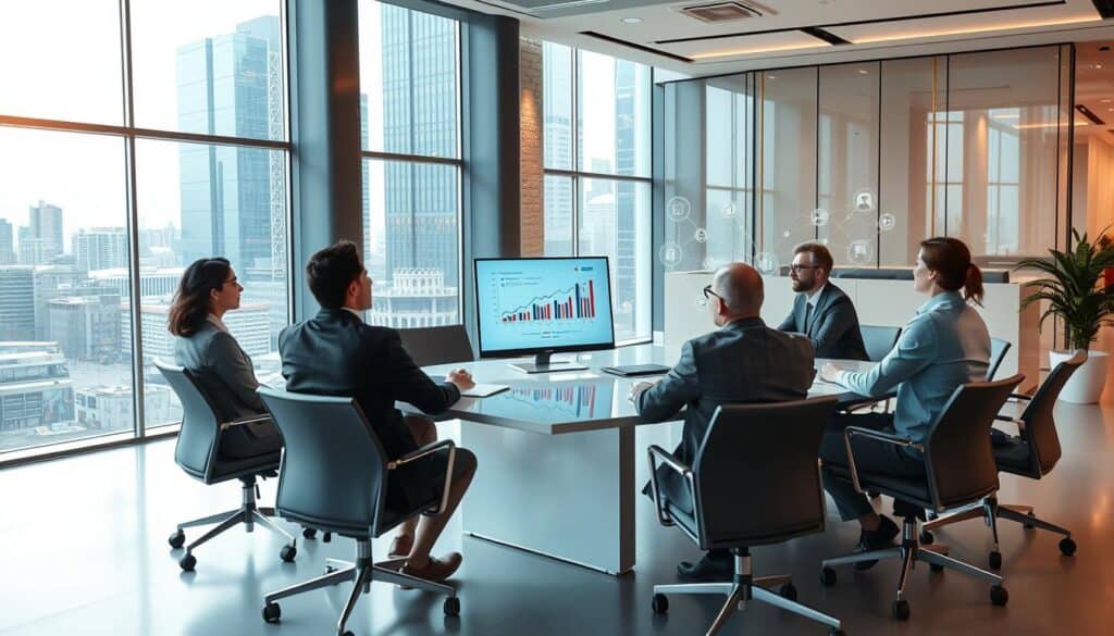 A modern office environment symbolizing changes in the insurance industry. In the foreground, a diverse group of professionals in business attire engaged in a brainstorming session around a sleek conference table, displaying graphs and charts about insurance trends on a digital screen. In the middle ground, an open space with innovative technology elements, like virtual displays and AI interfaces, illustrating modern solutions for the insurance sector. In the background, large windows showing a bustling cityscape, reflecting progress and evolution. Soft, natural lighting highlights the professionalism of the scene, with a warm atmosphere that conveys collaboration and forward-thinking. The overall mood is optimistic and focused on future improvements in the industry. A modern office environment symbolizing changes in the insurance industry. In the foreground, a diverse group of professionals in business attire engaged in a brainstorming session around a sleek conference table, displaying graphs and charts about insurance trends on a digital screen. In the middle ground, an open space with innovative technology elements, like virtual displays and AI interfaces, illustrating modern solutions for the insurance sector. In the background, large windows showing a bustling cityscape, reflecting progress and evolution. Soft, natural lighting highlights the professionalism of the scene, with a warm atmosphere that conveys collaboration and forward-thinking. The overall mood is optimistic and focused on future improvements in the industry.