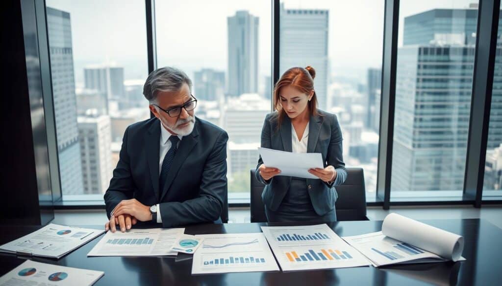 A professional business meeting scene depicting insurance representatives discussing compensation arguments. In the foreground, two diverse insurance agents, a middle-aged man in a sharp navy suit and a young woman in a tailored gray skirt suit, are engaged in a serious conversation while reviewing documents. The middle ground features a large conference table with charts and graphs about compensation claims laid out. The background shows a modern office with large windows revealing a cityscape, allowing natural light to illuminate the space. The atmosphere is tense but focused, capturing the essence of a critical discussion regarding insurance claims. The camera angle is slightly overhead, showcasing the dynamics of the meeting environment. A professional business meeting scene depicting insurance representatives discussing compensation arguments. In the foreground, two diverse insurance agents, a middle-aged man in a sharp navy suit and a young woman in a tailored gray skirt suit, are engaged in a serious conversation while reviewing documents. The middle ground features a large conference table with charts and graphs about compensation claims laid out. The background shows a modern office with large windows revealing a cityscape, allowing natural light to illuminate the space. The atmosphere is tense but focused, capturing the essence of a critical discussion regarding insurance claims. The camera angle is slightly overhead, showcasing the dynamics of the meeting environment.