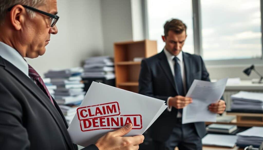 A professional business setting illustrating the concept of insurance claim denial. In the foreground, a stern-looking insurance adjuster in formal attire, reviewing a document, clearly displaying a "Claim Denial" stamp. In the middle ground, a frustrated policyholder, dressed in smart casual attire, appearing distressed while holding a rejected claim letter. The background features an office environment with stacks of files, a desk cluttered with paperwork, and a window showing an overcast sky, subtly enhancing the somber mood. Soft, diffused lighting casts gentle shadows to create a serious and contemplative atmosphere, while a slightly high-angle perspective captures the tense interaction between the characters. A professional business setting illustrating the concept of insurance claim denial. In the foreground, a stern-looking insurance adjuster in formal attire, reviewing a document, clearly displaying a "Claim Denial" stamp. In the middle ground, a frustrated policyholder, dressed in smart casual attire, appearing distressed while holding a rejected claim letter. The background features an office environment with stacks of files, a desk cluttered with paperwork, and a window showing an overcast sky, subtly enhancing the somber mood. Soft, diffused lighting casts gentle shadows to create a serious and contemplative atmosphere, while a slightly high-angle perspective captures the tense interaction between the characters.