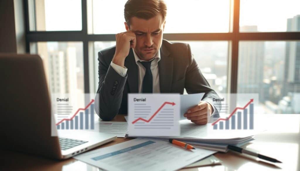 A professional insurance adjuster seated at a modern desk, reviewing a claim file with a concerned expression. The foreground features detailed documents and a laptop, indicating the complexity of the claim assessment process. In the middle, softly blurred images of denial letters and graphs symbolizing declined compensation create a sense of tension. In the background, a large window with a cityscape view suggests a corporate environment, illuminated by natural daylight. The atmosphere is serious and focused, highlighting the critical role insurers play in claims resolution. The overall lighting is bright yet warm, casting soft shadows, enhancing the professional but tense mood of the scene. A professional insurance adjuster seated at a modern desk, reviewing a claim file with a concerned expression. The foreground features detailed documents and a laptop, indicating the complexity of the claim assessment process. In the middle, softly blurred images of denial letters and graphs symbolizing declined compensation create a sense of tension. In the background, a large window with a cityscape view suggests a corporate environment, illuminated by natural daylight. The atmosphere is serious and focused, highlighting the critical role insurers play in claims resolution. The overall lighting is bright yet warm, casting soft shadows, enhancing the professional but tense mood of the scene.