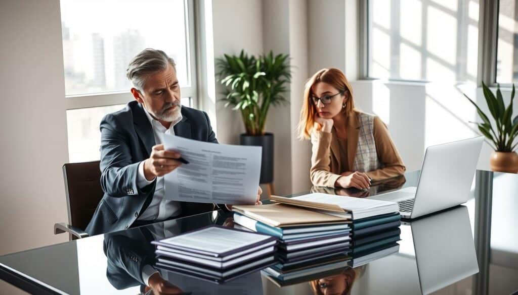 A professional insurance representative reviewing a collection of documents with a concerned client, both seated at a sleek, modern desk in an office setting. In the foreground, the representative, dressed in a tailored suit, intently explains the expectations of the insurer, pointing at a insurance policy document with a pen. The client, in smart casual attire, listens attentively, with a look of contemplation. The middle of the scene features an array of folders and a laptop, symbolizing organization and clarity. In the background, large windows bathe the room in soft, natural light, casting gentle shadows that create a focused atmosphere. The overall mood is serious yet constructive, highlighting the relationship and communication between the insurer and the client. A professional insurance representative reviewing a collection of documents with a concerned client, both seated at a sleek, modern desk in an office setting. In the foreground, the representative, dressed in a tailored suit, intently explains the expectations of the insurer, pointing at a insurance policy document with a pen. The client, in smart casual attire, listens attentively, with a look of contemplation. The middle of the scene features an array of folders and a laptop, symbolizing organization and clarity. In the background, large windows bathe the room in soft, natural light, casting gentle shadows that create a focused atmosphere. The overall mood is serious yet constructive, highlighting the relationship and communication between the insurer and the client.