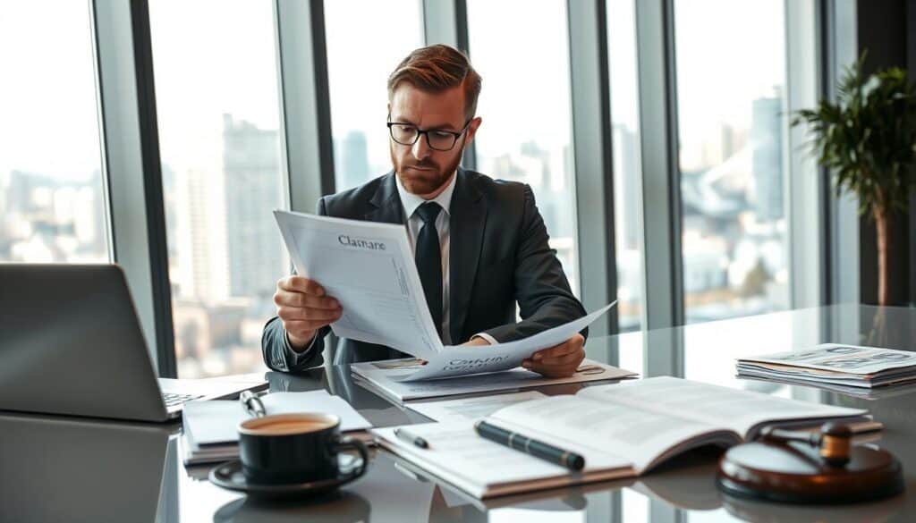 A professional lawyer sitting at a sleek desk, reviewing documents for a road accident compensation case. The foreground features a neatly organized workspace with legal files, a laptop, and a cup of coffee, suggesting a busy, focused atmosphere. In the middle, the lawyer, dressed in a smart business suit, is attentively examining a claim form, highlighting their meticulous attention to detail. The background showcases a modern office setting with large windows that let in soft, natural light, casting gentle shadows. A cityscape can be seen outside, hinting at the bustling environment outside. The overall mood is serious yet hopeful, reflecting the partnership between clients and legal advisors in pursuit of justice for road damage claims. A professional lawyer sitting at a sleek desk, reviewing documents for a road accident compensation case. The foreground features a neatly organized workspace with legal files, a laptop, and a cup of coffee, suggesting a busy, focused atmosphere. In the middle, the lawyer, dressed in a smart business suit, is attentively examining a claim form, highlighting their meticulous attention to detail. The background showcases a modern office setting with large windows that let in soft, natural light, casting gentle shadows. A cityscape can be seen outside, hinting at the bustling environment outside. The overall mood is serious yet hopeful, reflecting the partnership between clients and legal advisors in pursuit of justice for road damage claims.