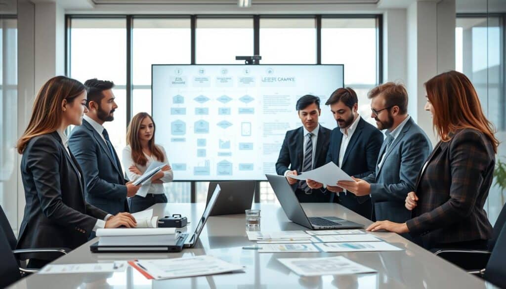 A professional office environment illustrating the process of damage liquidation. In the foreground, a diverse group of professionals in business attire are engaged in discussion with documentation on a sleek conference table, emphasizing collaboration. In the middle ground, a large screen displays flowcharts and diagrams related to insurance claim procedures, surrounded by neatly organized paperwork and laptops. The background features a bright, modern office with large windows letting in natural light, casting soft shadows and creating a warm atmosphere. The scene conveys a sense of diligence and professionalism, with a focus on teamwork and determination to resolve claims effectively. Capture this setting from a slightly elevated angle, showcasing both the group and the informative display prominently. A professional office environment illustrating the process of damage liquidation. In the foreground, a diverse group of professionals in business attire are engaged in discussion with documentation on a sleek conference table, emphasizing collaboration. In the middle ground, a large screen displays flowcharts and diagrams related to insurance claim procedures, surrounded by neatly organized paperwork and laptops. The background features a bright, modern office with large windows letting in natural light, casting soft shadows and creating a warm atmosphere. The scene conveys a sense of diligence and professionalism, with a focus on teamwork and determination to resolve claims effectively. Capture this setting from a slightly elevated angle, showcasing both the group and the informative display prominently.