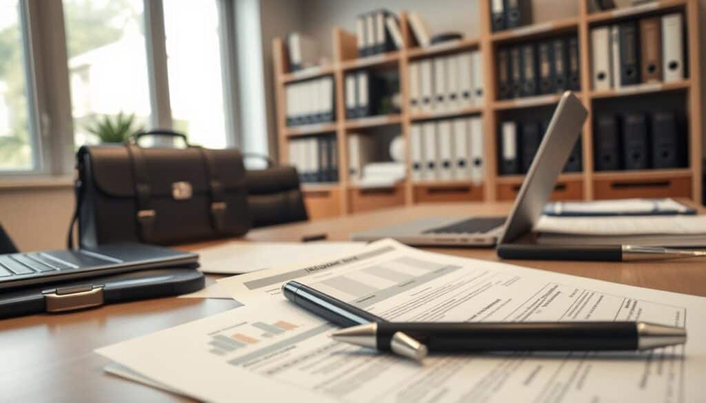 A professional office setting featuring a neatly organized desk with important documents related to insurance claims spread out. In the foreground, focus on a close-up of a well-structured claim form, adorned with charts and a pen. The middle ground includes briefcases and a laptop, symbolizing an active business environment. In the background, shelves filled with binders and files indicate thorough documentation practices. The scene is well-lit with natural light coming from a large window, creating a warm and inviting atmosphere. The colors are muted but professional, conveying a sense of seriousness and attentiveness to detail. No people are present, allowing the focus to remain on the documentation essential for substantiating a claim. A professional office setting featuring a neatly organized desk with important documents related to insurance claims spread out. In the foreground, focus on a close-up of a well-structured claim form, adorned with charts and a pen. The middle ground includes briefcases and a laptop, symbolizing an active business environment. In the background, shelves filled with binders and files indicate thorough documentation practices. The scene is well-lit with natural light coming from a large window, creating a warm and inviting atmosphere. The colors are muted but professional, conveying a sense of seriousness and attentiveness to detail. No people are present, allowing the focus to remain on the documentation essential for substantiating a claim.