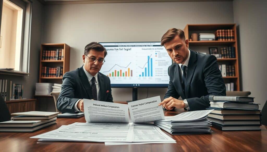 A professional office setting, focusing on a meeting table. In the foreground, two business professionals in smart attire are examining a stack of paperwork, their expressions serious and analytical. One is pointing at a document that clearly illustrates common methods of reducing compensation, such as fine print and ambiguous policy clauses. In the middle ground, a large screen displays graphs suggesting trends in insurance claims being denied, surrounded by various legal texts. In the background, shelves filled with insurance-related books and a window with soft, natural light illuminating the scene, creating an atmosphere of scrutiny and professionalism. The overall mood is tense yet focused, highlighting the complexities of insurance negotiations. A professional office setting, focusing on a meeting table. In the foreground, two business professionals in smart attire are examining a stack of paperwork, their expressions serious and analytical. One is pointing at a document that clearly illustrates common methods of reducing compensation, such as fine print and ambiguous policy clauses. In the middle ground, a large screen displays graphs suggesting trends in insurance claims being denied, surrounded by various legal texts. In the background, shelves filled with insurance-related books and a window with soft, natural light illuminating the scene, creating an atmosphere of scrutiny and professionalism. The overall mood is tense yet focused, highlighting the complexities of insurance negotiations.