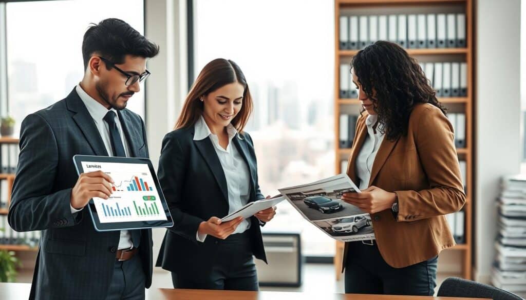 A professional office setting illustrated in the foreground, featuring a diverse group of three insurance professionals in business attire analyzing a claim file. One is pointing at an electronic tablet displaying charts and data on damages, while another takes notes on a notepad, and a third examines photographs of a vehicle accident. In the middle ground, a large window revealing a cityscape provides natural light, creating a bright, focused atmosphere. In the background, shelves lined with insurance books and case files emphasize a serious and diligent mood. Soft diffused lighting highlights the professionals' expressions of concentration and collaboration, while a slight depth of field keeps the focus on the foreground activities. A professional office setting illustrated in the foreground, featuring a diverse group of three insurance professionals in business attire analyzing a claim file. One is pointing at an electronic tablet displaying charts and data on damages, while another takes notes on a notepad, and a third examines photographs of a vehicle accident. In the middle ground, a large window revealing a cityscape provides natural light, creating a bright, focused atmosphere. In the background, shelves lined with insurance books and case files emphasize a serious and diligent mood. Soft diffused lighting highlights the professionals' expressions of concentration and collaboration, while a slight depth of field keeps the focus on the foreground activities.