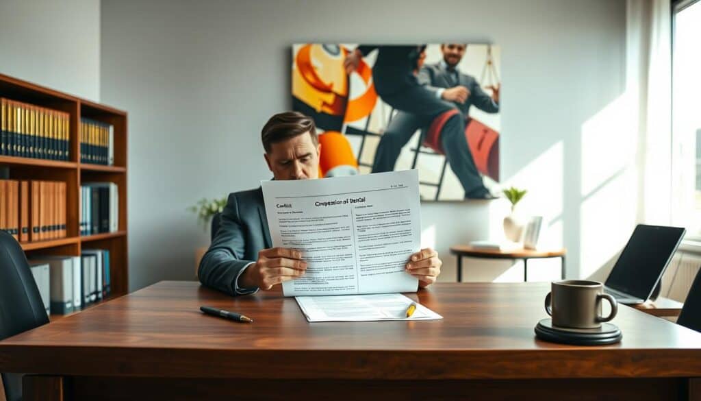 A professional office setting with a large wooden desk in the foreground, filled with legal documents and a pen, symbolizing a compensation claim rejection. A focused individual in business attire is seated at the desk, examining a formal notice of denial carefully. Behind them is a shelf lined with law books and a large window that casts natural light into the room, creating a warm and serious atmosphere. The middle ground features a side table with a laptop and a coffee mug, suggesting an ongoing conversation or deliberation about the appeal process. In the background, an abstract artwork on the wall portrays conflict resolution themes, enhancing the mood of professionalism and determination. The lighting is bright yet soft, emphasizing the thoughtful nature of the scene. A professional office setting with a large wooden desk in the foreground, filled with legal documents and a pen, symbolizing a compensation claim rejection. A focused individual in business attire is seated at the desk, examining a formal notice of denial carefully. Behind them is a shelf lined with law books and a large window that casts natural light into the room, creating a warm and serious atmosphere. The middle ground features a side table with a laptop and a coffee mug, suggesting an ongoing conversation or deliberation about the appeal process. In the background, an abstract artwork on the wall portrays conflict resolution themes, enhancing the mood of professionalism and determination. The lighting is bright yet soft, emphasizing the thoughtful nature of the scene.