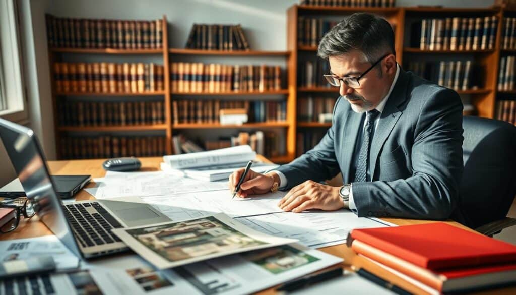 A professional real estate appraiser is examining a property, sitting at a desk cluttered with documents, a laptop, and evaluation tools. The foreground showcases the appraiser, a middle-aged, diverse man in a smart business suit, diligently writing notes and analyzing charts. In the middle ground, there are blueprints and property images laid out, emphasizing the intricate details of real estate evaluation. The background contains shelves filled with books about property law and valuation, creating a sophisticated office environment. Bright, natural light streams through a window, casting soft shadows, while the overall atmosphere conveys diligence and expertise in assessing property values. The composition uses a slight angle to give depth and context. A professional real estate appraiser is examining a property, sitting at a desk cluttered with documents, a laptop, and evaluation tools. The foreground showcases the appraiser, a middle-aged, diverse man in a smart business suit, diligently writing notes and analyzing charts. In the middle ground, there are blueprints and property images laid out, emphasizing the intricate details of real estate evaluation. The background contains shelves filled with books about property law and valuation, creating a sophisticated office environment. Bright, natural light streams through a window, casting soft shadows, while the overall atmosphere conveys diligence and expertise in assessing property values. The composition uses a slight angle to give depth and context.