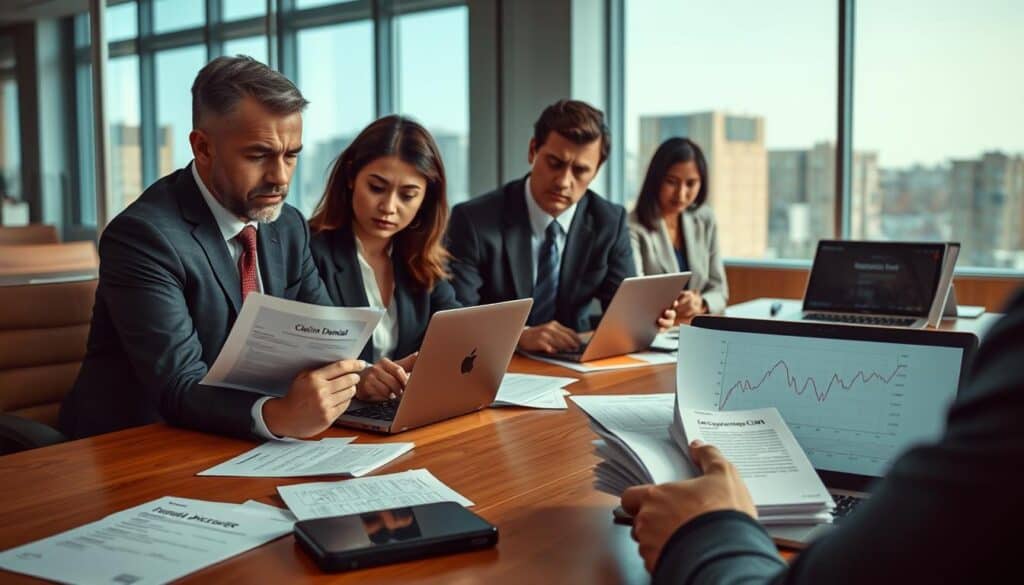 A professional setting depicting a detailed and focused scene of a meeting room, showcasing a group of business professionals in formal attire engaged in a serious discussion about insurance claims. In the foreground, a diverse group of three individuals examines a stack of documents labeled "Claim Denial Procedure," displaying a mix of concern and determination on their faces. The middle ground features a large conference table with laptops, paperwork, and a laptop showing a graph indicating fluctuating compensation amounts. The background includes large windows allowing natural light to illuminate the room, creating a clear and professional atmosphere. The overall mood reflects a sense of urgency and importance, capturing the essence of legal discussions surrounding compensation claims. The image should be crisp and clear, using a wide-angle perspective to emphasize the collaborative effort. A professional setting depicting a detailed and focused scene of a meeting room, showcasing a group of business professionals in formal attire engaged in a serious discussion about insurance claims. In the foreground, a diverse group of three individuals examines a stack of documents labeled "Claim Denial Procedure," displaying a mix of concern and determination on their faces. The middle ground features a large conference table with laptops, paperwork, and a laptop showing a graph indicating fluctuating compensation amounts. The background includes large windows allowing natural light to illuminate the room, creating a clear and professional atmosphere. The overall mood reflects a sense of urgency and importance, capturing the essence of legal discussions surrounding compensation claims. The image should be crisp and clear, using a wide-angle perspective to emphasize the collaborative effort.