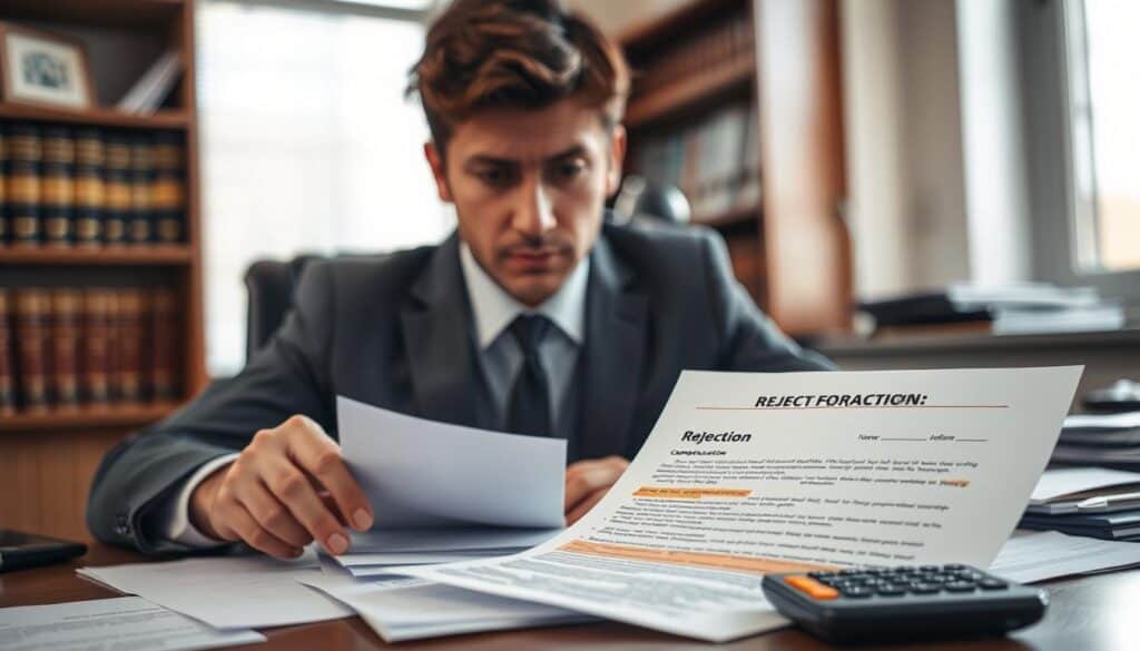 A professional setting illustrating a scene of a person reviewing a rejected compensation claim. In the foreground, a business professional wearing formal attire, seated at a desk strewn with papers and documents, displaying a look of concern and contemplation. In the middle ground, a close-up of the rejection letter, clearly visible but without text, with highlighted notes alongside a calculator. The background shows a soft-focus office environment with shelves of legal books and a window letting in natural light, casting a warm yet serious ambiance. The lighting is soft but emphasizes the tension of the situation, and the angle is slightly elevated to capture both the person's expression and the documents on the desk. The mood is contemplative and slightly tense, conveying the gravity of a claim denial. A professional setting illustrating a scene of a person reviewing a rejected compensation claim. In the foreground, a business professional wearing formal attire, seated at a desk strewn with papers and documents, displaying a look of concern and contemplation. In the middle ground, a close-up of the rejection letter, clearly visible but without text, with highlighted notes alongside a calculator. The background shows a soft-focus office environment with shelves of legal books and a window letting in natural light, casting a warm yet serious ambiance. The lighting is soft but emphasizes the tension of the situation, and the angle is slightly elevated to capture both the person's expression and the documents on the desk. The mood is contemplative and slightly tense, conveying the gravity of a claim denial.