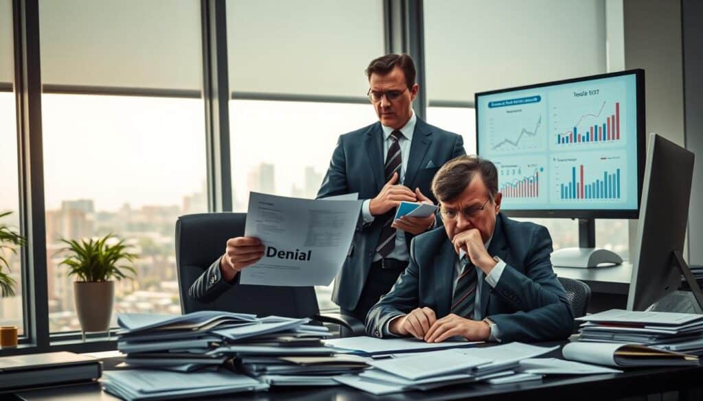 A tense scene depicting a car accident claim denial, set in a sleek, modern office environment. In the foreground, a frustrated individual in professional business attire sits at a desk cluttered with paperwork, holding a denial letter. The middle ground features a concerned insurance agent, also in business attire, speaking with a serious expression. Papers and a computer screen displaying graphs and data about road incidents are visible. The background shows a large window letting in soft, natural light, revealing a city skyline. The overall mood is one of frustration and tension, highlighting the challenges of dealing with insurance claims after road incidents. The scene captures the essence of claim denial scenarios, perfect for illustrating the article section. A tense scene depicting a car accident claim denial, set in a sleek, modern office environment. In the foreground, a frustrated individual in professional business attire sits at a desk cluttered with paperwork, holding a denial letter. The middle ground features a concerned insurance agent, also in business attire, speaking with a serious expression. Papers and a computer screen displaying graphs and data about road incidents are visible. The background shows a large window letting in soft, natural light, revealing a city skyline. The overall mood is one of frustration and tension, highlighting the challenges of dealing with insurance claims after road incidents. The scene captures the essence of claim denial scenarios, perfect for illustrating the article section.