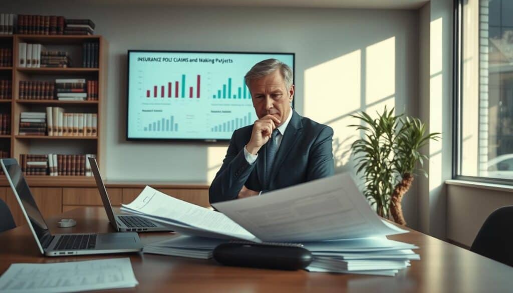 A thoughtful insurance agent in a modern office, analyzing documents and charts that depict claims and payouts. In the foreground, a neatly organized desk with a laptop, a notepad filled with notes on insurance policies, and a calculator. In the middle, a large wall-mounted screen displaying graphs related to insurance statistics and decision-making processes. The background features a bookshelf filled with legal texts and insurance resources, adding to the professional atmosphere. Soft, natural daylight filters through a large window, casting gentle shadows and creating a serious yet inviting mood. The agent is a middle-aged person in professional business attire, focused and contemplative, embodying the essence of decision-making in the insurance industry. A thoughtful insurance agent in a modern office, analyzing documents and charts that depict claims and payouts. In the foreground, a neatly organized desk with a laptop, a notepad filled with notes on insurance policies, and a calculator. In the middle, a large wall-mounted screen displaying graphs related to insurance statistics and decision-making processes. The background features a bookshelf filled with legal texts and insurance resources, adding to the professional atmosphere. Soft, natural daylight filters through a large window, casting gentle shadows and creating a serious yet inviting mood. The agent is a middle-aged person in professional business attire, focused and contemplative, embodying the essence of decision-making in the insurance industry.