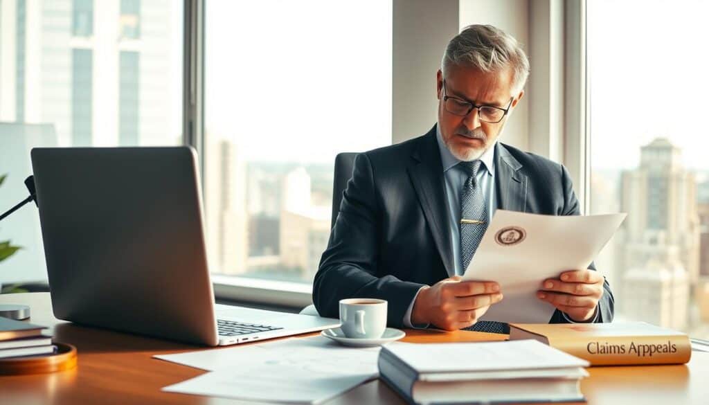 A visually engaging scene depicting a professional office environment focused on insurance claims. In the foreground, a middle-aged individual in business attire, holding a formal letter with an emblematic logo representing an insurance company, looks thoughtfully at a laptop screen displaying a digital dashboard. The middle ground features a modern desk cluttered with paperwork, a cup of coffee, and a legal book titled "Claims & Appeals." The background showcases a large window allowing natural light to fill the room, casting soft shadows, and revealing a cityscape outside. The overall atmosphere is one of contemplation and determination, reflecting the challenge of appealing an insurance decision. The lighting is warm with a clear focus on the subject. A visually engaging scene depicting a professional office environment focused on insurance claims. In the foreground, a middle-aged individual in business attire, holding a formal letter with an emblematic logo representing an insurance company, looks thoughtfully at a laptop screen displaying a digital dashboard. The middle ground features a modern desk cluttered with paperwork, a cup of coffee, and a legal book titled "Claims & Appeals." The background showcases a large window allowing natural light to fill the room, casting soft shadows, and revealing a cityscape outside. The overall atmosphere is one of contemplation and determination, reflecting the challenge of appealing an insurance decision. The lighting is warm with a clear focus on the subject.