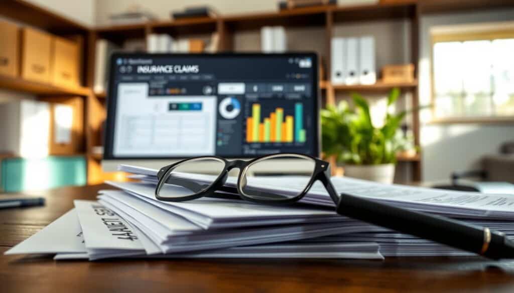 A close-up image of a detailed desk scene focused on essential documentation in the claims process. In the foreground, a neatly arranged stack of legal documents and forms, partially covered with a pair of reading glasses and a pen. In the middle, a computer screen displays a digital dashboard with data related to insurance claims, emphasizing a professional atmosphere. In the background, there’s a softly lit office space with shelves filled with files and a potted plant, creating a calm environment. Natural light filters in through a window, casting gentle shadows and adding warmth to the scene. The overall mood is professional and organized, highlighting the importance of documentation during the claims process. A close-up image of a detailed desk scene focused on essential documentation in the claims process. In the foreground, a neatly arranged stack of legal documents and forms, partially covered with a pair of reading glasses and a pen. In the middle, a computer screen displays a digital dashboard with data related to insurance claims, emphasizing a professional atmosphere. In the background, there’s a softly lit office space with shelves filled with files and a potted plant, creating a calm environment. Natural light filters in through a window, casting gentle shadows and adding warmth to the scene. The overall mood is professional and organized, highlighting the importance of documentation during the claims process.