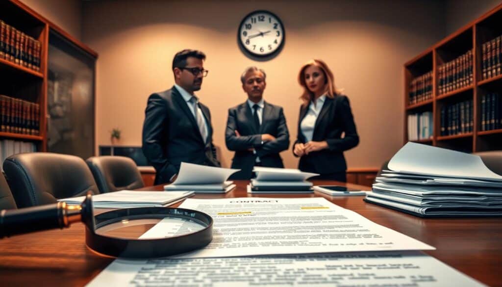 A close-up view of a legal office setting focused on the compensation claims process, featuring a professional man and woman in business attire standing by a large conference table covered with documents and case files. In the foreground, a magnifying glass and a contract with highlighted sections are present, symbolizing scrutiny and analysis. In the middle, the individuals are engaged in a serious discussion, with expressions of concern and concentration. The background shows shelves filled with legal books and a wall clock, indicating the passage of time in processing claims. The lighting is warm and soft, creating a serious yet informative atmosphere. The camera angle is slightly above eye level, enhancing the sense of professionalism and thoughtfulness in the scene. A close-up view of a legal office setting focused on the compensation claims process, featuring a professional man and woman in business attire standing by a large conference table covered with documents and case files. In the foreground, a magnifying glass and a contract with highlighted sections are present, symbolizing scrutiny and analysis. In the middle, the individuals are engaged in a serious discussion, with expressions of concern and concentration. The background shows shelves filled with legal books and a wall clock, indicating the passage of time in processing claims. The lighting is warm and soft, creating a serious yet informative atmosphere. The camera angle is slightly above eye level, enhancing the sense of professionalism and thoughtfulness in the scene.