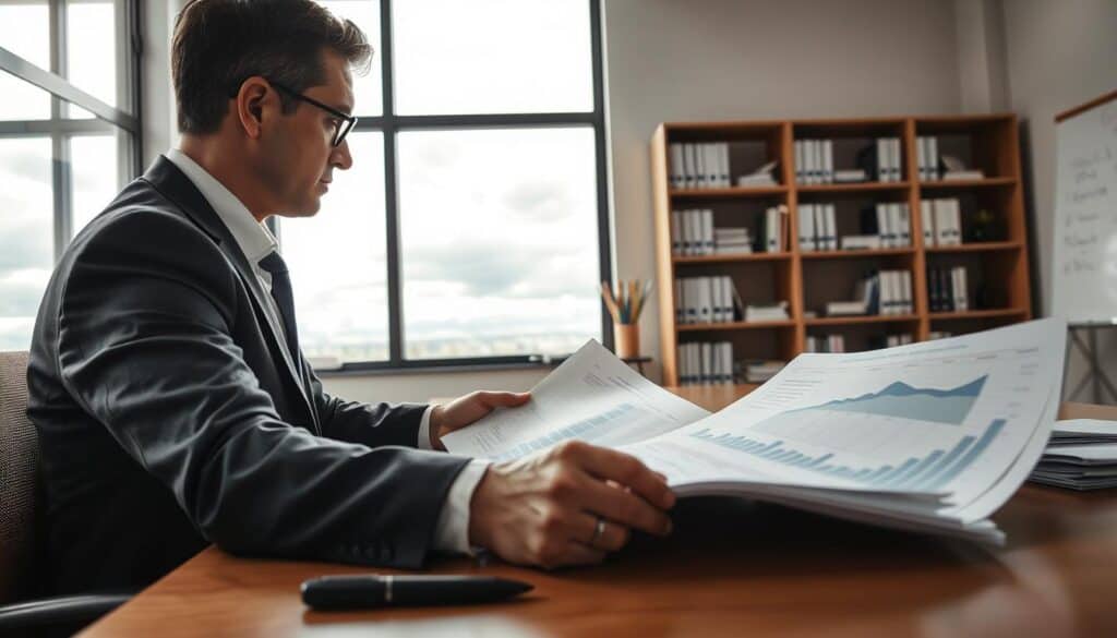 A conceptual scene depicting a professional insurance analyst examining documents related to reduced compensation claims. In the foreground, a focused analyst in business attire is seated at a desk, with papers spread out, highlighting graphs and charts. The middle ground features a large window showing a cloudy sky, symbolizing uncertainty and doubt. The background includes a modern office with shelves of industry-related books and a whiteboard filled with notes. The lighting is soft and natural, creating a serious and contemplative atmosphere. The angle should be slightly elevated, giving an overview of the workspace and emphasizing the analyst's concentration on the task. A conceptual scene depicting a professional insurance analyst examining documents related to reduced compensation claims. In the foreground, a focused analyst in business attire is seated at a desk, with papers spread out, highlighting graphs and charts. The middle ground features a large window showing a cloudy sky, symbolizing uncertainty and doubt. The background includes a modern office with shelves of industry-related books and a whiteboard filled with notes. The lighting is soft and natural, creating a serious and contemplative atmosphere. The angle should be slightly elevated, giving an overview of the workspace and emphasizing the analyst's concentration on the task.