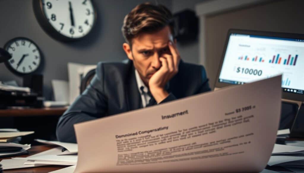 A concerned individual sitting at a desk cluttered with paperwork, looking distressed while reviewing a letter from an insurance company. In the foreground, a close-up of the letter shows numbers and terms associated with diminished compensation, evoking a sense of frustration. The middle ground features a laptop showing graphs and charts about claims and compensations, hinting at analysis and data. In the background, a dimly lit office space with a clock showing late hours, reinforcing the feeling of stress and urgency. Soft, ambient lighting creates a somber mood, while the angle is slightly tilted to emphasize the unease and the weight of the situation. The individual is dressed in professional attire, reflecting a serious atmosphere appropriate for a business context. A concerned individual sitting at a desk cluttered with paperwork, looking distressed while reviewing a letter from an insurance company. In the foreground, a close-up of the letter shows numbers and terms associated with diminished compensation, evoking a sense of frustration. The middle ground features a laptop showing graphs and charts about claims and compensations, hinting at analysis and data. In the background, a dimly lit office space with a clock showing late hours, reinforcing the feeling of stress and urgency. Soft, ambient lighting creates a somber mood, while the angle is slightly tilted to emphasize the unease and the weight of the situation. The individual is dressed in professional attire, reflecting a serious atmosphere appropriate for a business context.