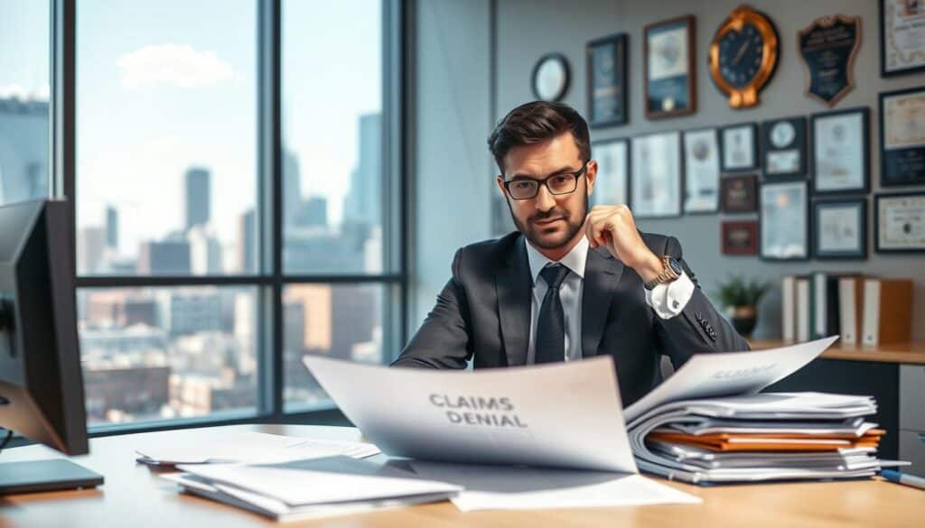 A confident insurance agent, dressed in professional business attire, is sitting at a modern office desk. In the foreground, the agent is reviewing claims documents with a thoughtful expression, surrounded by files neatly organized. In the middle ground, a large window reveals a bustling cityscape, symbolizing the competitive insurance industry. The background features a wall adorned with awards and certificates, emphasizing professionalism and credibility. The lighting is bright and natural, illuminating the agent's focused demeanor, creating a sense of transparency and vigilance. The overall atmosphere maintains a serious tone, reflecting the theme of claims denial and the scrutiny behind insurance decisions. A confident insurance agent, dressed in professional business attire, is sitting at a modern office desk. In the foreground, the agent is reviewing claims documents with a thoughtful expression, surrounded by files neatly organized. In the middle ground, a large window reveals a bustling cityscape, symbolizing the competitive insurance industry. The background features a wall adorned with awards and certificates, emphasizing professionalism and credibility. The lighting is bright and natural, illuminating the agent's focused demeanor, creating a sense of transparency and vigilance. The overall atmosphere maintains a serious tone, reflecting the theme of claims denial and the scrutiny behind insurance decisions.