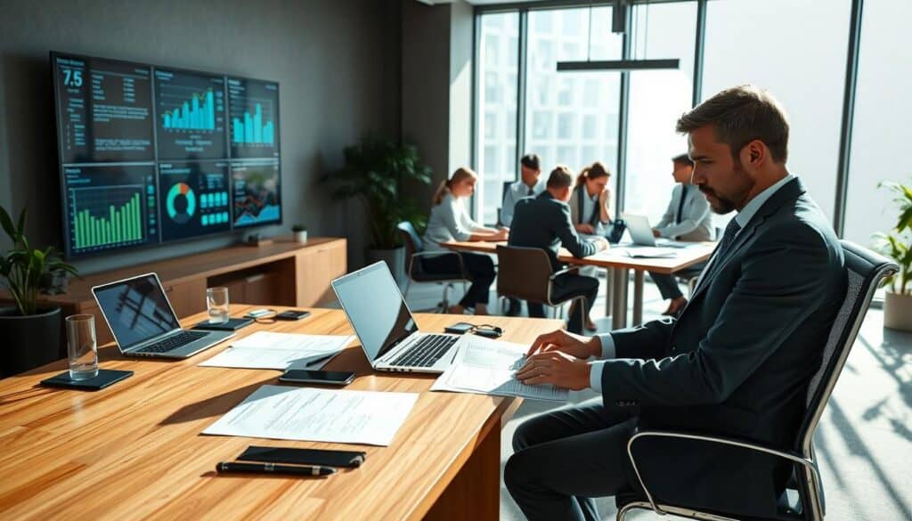 A contemporary office environment depicting the process of claims liquidation in 2023. In the foreground, a focused insurance adjuster wearing a professional suit reviews documents on a sleek wooden desk, surrounded by modern technology like laptops and digital screens displaying graphs and data related to claims analysis. In the middle ground, a diverse team of professionals collaborates, discussing strategies over a large table filled with papers and digital devices. The background features large windows allowing natural light to stream in, casting dynamic shadows. The overall atmosphere is one of efficiency, teamwork, and professionalism, embodying the trends in the insurance claims industry for the year. The lighting is bright and inviting, emphasizing clarity and transparency in the process. A contemporary office environment depicting the process of claims liquidation in 2023. In the foreground, a focused insurance adjuster wearing a professional suit reviews documents on a sleek wooden desk, surrounded by modern technology like laptops and digital screens displaying graphs and data related to claims analysis. In the middle ground, a diverse team of professionals collaborates, discussing strategies over a large table filled with papers and digital devices. The background features large windows allowing natural light to stream in, casting dynamic shadows. The overall atmosphere is one of efficiency, teamwork, and professionalism, embodying the trends in the insurance claims industry for the year. The lighting is bright and inviting, emphasizing clarity and transparency in the process.