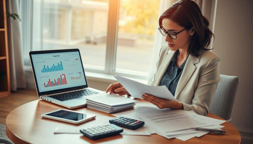 A detailed and focused depiction of an insurance claims verification process, visually conveying an office environment. In the foreground, a professional businesswoman in smart attire is reviewing documents, looking thoughtfully at a laptop open with data charts related to compensation assessments. In the middle ground, a round table is cluttered with claims forms, a calculator, and a smartphone displaying notifications, suggesting active analysis. The background features a large window letting in soft daylight, creating a bright and inviting atmosphere. The overall mood is serious yet hopeful, emphasizing the importance of diligent verification in determining appropriate compensation amounts. The lighting is warm and natural, enhancing the professionalism of the scene. A detailed and focused depiction of an insurance claims verification process, visually conveying an office environment. In the foreground, a professional businesswoman in smart attire is reviewing documents, looking thoughtfully at a laptop open with data charts related to compensation assessments. In the middle ground, a round table is cluttered with claims forms, a calculator, and a smartphone displaying notifications, suggesting active analysis. The background features a large window letting in soft daylight, creating a bright and inviting atmosphere. The overall mood is serious yet hopeful, emphasizing the importance of diligent verification in determining appropriate compensation amounts. The lighting is warm and natural, enhancing the professionalism of the scene.