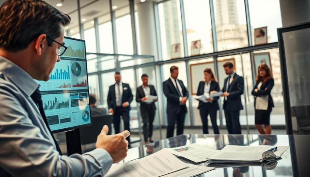 A detailed and modern office setting showcases the process of insurance claims handling. In the foreground, a focused insurance adjuster in professional attire examines a large digital screen filled with charts and graphs representing claims data. The middle ground features a group discussion among well-dressed professionals, analyzing documents and providing input on claims strategies. The background reveals sleek office architecture with glass partitions and framed awards, symbolizing a high level of expertise and professionalism. Soft, natural lighting streams through large windows, creating a thoughtful and serious atmosphere. The angle is slightly elevated, giving a broad view of the collaborative space, emphasizing the future of claims processing and analysis in a digital age.