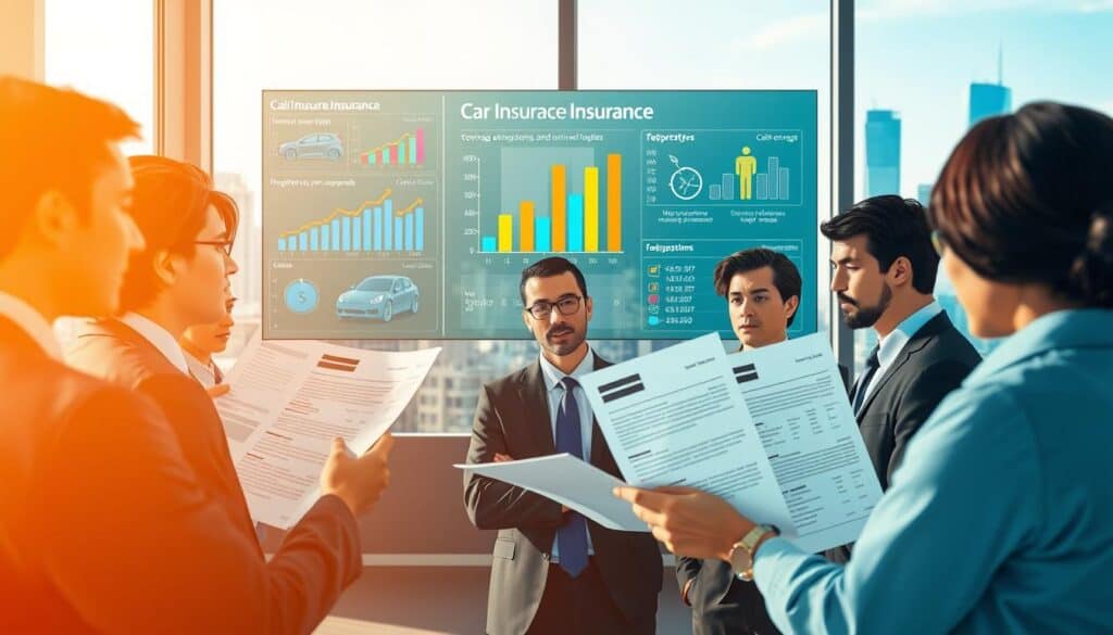 A detailed illustration representing car insurance. In the foreground, display a diverse group of professionals in business attire discussing insurance documents, showcasing various types of coverage specified in visual charts and infographics. In the middle ground, depict a modern office setting with a large digital screen displaying graphs of claim payouts and types of insurance policies, emphasizing the connection between insurance type and compensation. In the background, include a window view of a city skyline, bathed in soft, natural light to create a professional yet warm atmosphere. Use a slight depth of field to focus on the professionals while softly blurring the background. The mood should be analytical and serious, reflecting the importance of the topic. A detailed illustration representing car insurance. In the foreground, display a diverse group of professionals in business attire discussing insurance documents, showcasing various types of coverage specified in visual charts and infographics. In the middle ground, depict a modern office setting with a large digital screen displaying graphs of claim payouts and types of insurance policies, emphasizing the connection between insurance type and compensation. In the background, include a window view of a city skyline, bathed in soft, natural light to create a professional yet warm atmosphere. Use a slight depth of field to focus on the professionals while softly blurring the background. The mood should be analytical and serious, reflecting the importance of the topic.