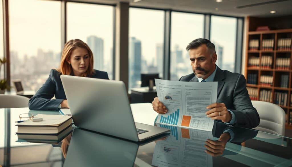 A detailed representation of a legal consultation regarding insurance claims, featuring a professional-looking lawyer and a concerned client seated at a sleek glass table. The foreground captures their serious expressions and attentive body language as they discuss documents related to automotive accident compensation. In the middle ground, a laptop is open showing graphs and charts about insurance payouts. The background features a well-lit office with law books and a large window revealing a city skyline, suggesting an atmosphere of professionalism and urgency. Soft overhead lighting creates a warm ambiance, while a slight depth of field focuses on the subjects in action, conveying the mood of a pivotal moment in seeking legal help. A detailed representation of a legal consultation regarding insurance claims, featuring a professional-looking lawyer and a concerned client seated at a sleek glass table. The foreground captures their serious expressions and attentive body language as they discuss documents related to automotive accident compensation. In the middle ground, a laptop is open showing graphs and charts about insurance payouts. The background features a well-lit office with law books and a large window revealing a city skyline, suggesting an atmosphere of professionalism and urgency. Soft overhead lighting creates a warm ambiance, while a slight depth of field focuses on the subjects in action, conveying the mood of a pivotal moment in seeking legal help.
