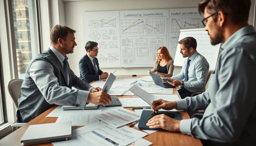 A detailed scene depicting a group of professional experts, including men and women in business attire, engaged in a discussion around a conference table littered with documents, charts, and laptops. The foreground shows a focused expert pointing at a graph, conveying the analytical nature of their work. In the middle ground, other professionals are taking notes and analyzing data, reflecting a serious and collaborative atmosphere. The background features a whiteboard filled with complex diagrams and notes related to insurance and compensation analysis. Soft, natural lighting from large windows enhances the professional mood, while a low-angle perspective emphasizes the experts' dedication. The overall atmosphere conveys a sense of urgency and a commitment to uncovering the truth behind under-compensation. A detailed scene depicting a group of professional experts, including men and women in business attire, engaged in a discussion around a conference table littered with documents, charts, and laptops. The foreground shows a focused expert pointing at a graph, conveying the analytical nature of their work. In the middle ground, other professionals are taking notes and analyzing data, reflecting a serious and collaborative atmosphere. The background features a whiteboard filled with complex diagrams and notes related to insurance and compensation analysis. Soft, natural lighting from large windows enhances the professional mood, while a low-angle perspective emphasizes the experts' dedication. The overall atmosphere conveys a sense of urgency and a commitment to uncovering the truth behind under-compensation.
