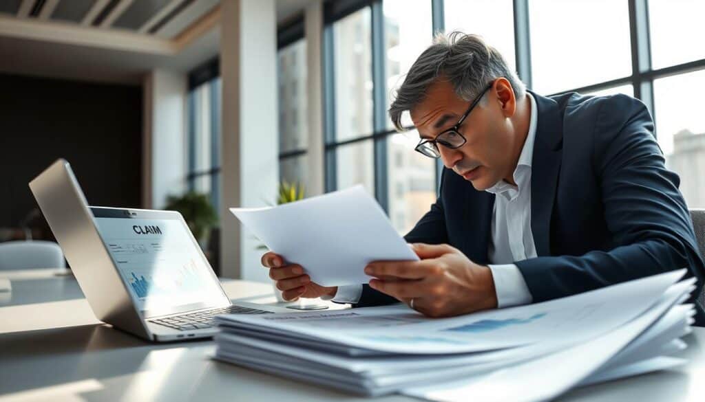 A detailed scene depicting an insurance professional reviewing a claim at a modern office desk. In the foreground, a focused individual in a crisp white shirt and navy blazer is examining a stack of documents labeled "Claim Documentation" under bright overhead lighting. The middle ground features an open laptop displaying graphs and spreadsheets related to claims analysis. A potted plant adds a touch of greenery. The background captures a sleek office environment with large windows allowing natural light to flood in, casting soft shadows. The mood is serious and analytical, conveying the importance of thorough documentation in insurance claims. The composition should emphasize a clean, organized workspace, inviting a sense of professionalism and urgency. A detailed scene depicting an insurance professional reviewing a claim at a modern office desk. In the foreground, a focused individual in a crisp white shirt and navy blazer is examining a stack of documents labeled "Claim Documentation" under bright overhead lighting. The middle ground features an open laptop displaying graphs and spreadsheets related to claims analysis. A potted plant adds a touch of greenery. The background captures a sleek office environment with large windows allowing natural light to flood in, casting soft shadows. The mood is serious and analytical, conveying the importance of thorough documentation in insurance claims. The composition should emphasize a clean, organized workspace, inviting a sense of professionalism and urgency.