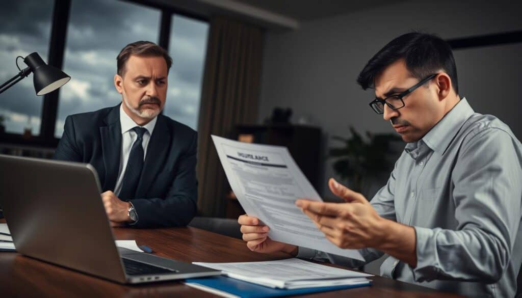 A dimly lit, modern office environment serves as the background, with a large wooden desk cluttered with paperwork and an open laptop displaying insurance documents. In the foreground, a concerned insurance agent, dressed in a professional suit, is engaged in a thoughtful conversation with a visibly frustrated client, who appears anxious while holding a claim form. The agent's expression conveys empathy, with subtle shadows cast across their faces from a desk lamp, creating a serious and tense atmosphere. The window reveals a cloudy sky, hinting at an impending storm, symbolizing the turbulence of claims disputes. The angle captures both subjects clearly, highlighting the intensity of the situation yet maintaining a professional setting. A dimly lit, modern office environment serves as the background, with a large wooden desk cluttered with paperwork and an open laptop displaying insurance documents. In the foreground, a concerned insurance agent, dressed in a professional suit, is engaged in a thoughtful conversation with a visibly frustrated client, who appears anxious while holding a claim form. The agent's expression conveys empathy, with subtle shadows cast across their faces from a desk lamp, creating a serious and tense atmosphere. The window reveals a cloudy sky, hinting at an impending storm, symbolizing the turbulence of claims disputes. The angle captures both subjects clearly, highlighting the intensity of the situation yet maintaining a professional setting.