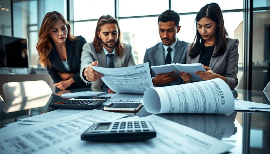 A dramatic office scene showcasing a group of professionals in business attire gathered around a conference table, analyzing documents with a visible sense of concern. In the foreground, a close-up view of a table filled with insurance papers and calculators, highlighting discrepancies in compensation figures. The middle layer features a diverse team of three people: a Caucasian woman pointing at a document, a Black man looking thoughtful, and an Asian woman taking notes. The background reveals a well-lit, modern office setting with large windows letting in natural light, casting soft shadows. The atmosphere conveys seriousness and tension, emphasizing the theme of unjust compensation practices through body language and facial expressions. The overall mood is one of urgency and scrutiny. A dramatic office scene showcasing a group of professionals in business attire gathered around a conference table, analyzing documents with a visible sense of concern. In the foreground, a close-up view of a table filled with insurance papers and calculators, highlighting discrepancies in compensation figures. The middle layer features a diverse team of three people: a Caucasian woman pointing at a document, a Black man looking thoughtful, and an Asian woman taking notes. The background reveals a well-lit, modern office setting with large windows letting in natural light, casting soft shadows. The atmosphere conveys seriousness and tension, emphasizing the theme of unjust compensation practices through body language and facial expressions. The overall mood is one of urgency and scrutiny.