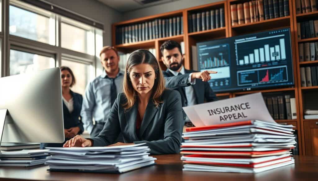 A focused scene depicting a professional office environment where a diverse group of individuals, dressed in business attire, are engaged in a serious discussion about insurance claims. In the foreground, a concerned woman is reviewing documents on a table, with a stack of file papers labeled "Insurance Appeal" beside her. In the middle ground, a man is pointing at a computer screen displaying graphs and statistics related to insurance decisions. The background consists of a well-organized office with bookshelves filled with legal and insurance books, a large window allowing natural light to spill in, casting soft shadows. The overall atmosphere is tense yet hopeful, capturing the essence of serious deliberations and determination in resolving insurance disputes. The lighting is bright and professional, highlighting the intensity of the moment. A focused scene depicting a professional office environment where a diverse group of individuals, dressed in business attire, are engaged in a serious discussion about insurance claims. In the foreground, a concerned woman is reviewing documents on a table, with a stack of file papers labeled "Insurance Appeal" beside her. In the middle ground, a man is pointing at a computer screen displaying graphs and statistics related to insurance decisions. The background consists of a well-organized office with bookshelves filled with legal and insurance books, a large window allowing natural light to spill in, casting soft shadows. The overall atmosphere is tense yet hopeful, capturing the essence of serious deliberations and determination in resolving insurance disputes. The lighting is bright and professional, highlighting the intensity of the moment.
