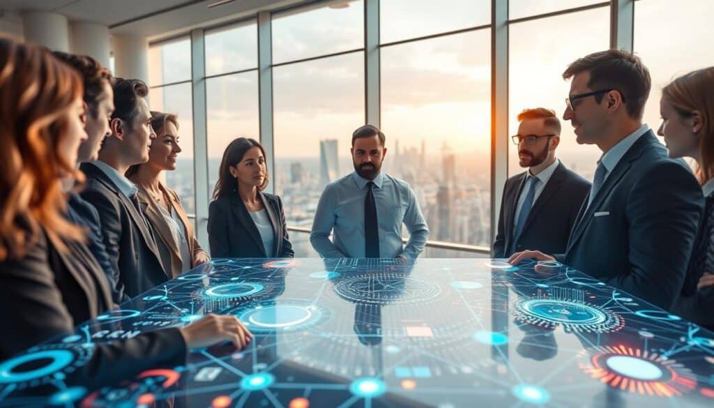 A futuristic office environment showcasing artificial intelligence in the insurance industry. In the foreground, a diverse group of professionals, dressed in smart business attire, engage in discussion around a holographic interface displaying complex data analytics and insurance metrics. In the middle ground, advanced AI technology, represented by glowing digital screens and neural network patterns, indicates automated claims processing. The background features a panoramic view of a modern city skyline through large windows, bathed in soft, natural light to suggest optimism about the future. The mood is innovative and collaborative, highlighting the transformation of claims assessment in insurance. A futuristic office environment showcasing artificial intelligence in the insurance industry. In the foreground, a diverse group of professionals, dressed in smart business attire, engage in discussion around a holographic interface displaying complex data analytics and insurance metrics. In the middle ground, advanced AI technology, represented by glowing digital screens and neural network patterns, indicates automated claims processing. The background features a panoramic view of a modern city skyline through large windows, bathed in soft, natural light to suggest optimism about the future. The mood is innovative and collaborative, highlighting the transformation of claims assessment in insurance.