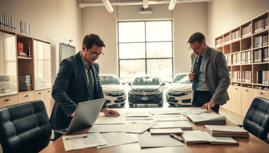 A highly detailed and professional scene depicting a group of certified property assessors, dressed in business attire, engaged in a thorough damage assessment process in an office setting. In the foreground, one assessor is examining vehicle damage using a laptop, while another discusses findings over documents spread out on a large table. The middle ground features a range of damaged vehicles visible through a large window, bathed in natural light, providing a clear view of the cars. The background includes shelves filled with legal books and technical manuals, creating an atmosphere of expertise and diligence. Soft, warm lighting illuminates the workspace, enhancing the mood of professionalism and focus, with cameras set at an eye-level angle to capture the action effectively. A highly detailed and professional scene depicting a group of certified property assessors, dressed in business attire, engaged in a thorough damage assessment process in an office setting. In the foreground, one assessor is examining vehicle damage using a laptop, while another discusses findings over documents spread out on a large table. The middle ground features a range of damaged vehicles visible through a large window, bathed in natural light, providing a clear view of the cars. The background includes shelves filled with legal books and technical manuals, creating an atmosphere of expertise and diligence. Soft, warm lighting illuminates the workspace, enhancing the mood of professionalism and focus, with cameras set at an eye-level angle to capture the action effectively.