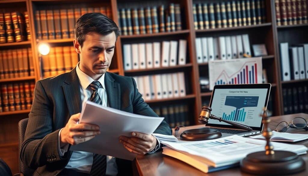 A legal consultation scene illustrating "regulatory issues concerning compensation claims." In the foreground, a focused lawyer in a professional business suit, looking thoughtfully at a stack of legal documents. In the middle ground, a well-organized desk with a laptop displaying graphs related to compensation statistics and a gavel, symbolizing law. The background features shelves filled with law books and legal manuals, creating an academic atmosphere. Soft, warm lighting illuminates the scene, creating a professional yet inviting environment. The angle is slightly elevated, emphasizing the lawyer's concentration and the importance of the documents. The overall mood conveys a sense of seriousness and professionalism, reflecting the complexities of legal regulations on compensation. A legal consultation scene illustrating "regulatory issues concerning compensation claims." In the foreground, a focused lawyer in a professional business suit, looking thoughtfully at a stack of legal documents. In the middle ground, a well-organized desk with a laptop displaying graphs related to compensation statistics and a gavel, symbolizing law. The background features shelves filled with law books and legal manuals, creating an academic atmosphere. Soft, warm lighting illuminates the scene, creating a professional yet inviting environment. The angle is slightly elevated, emphasizing the lawyer's concentration and the importance of the documents. The overall mood conveys a sense of seriousness and professionalism, reflecting the complexities of legal regulations on compensation.