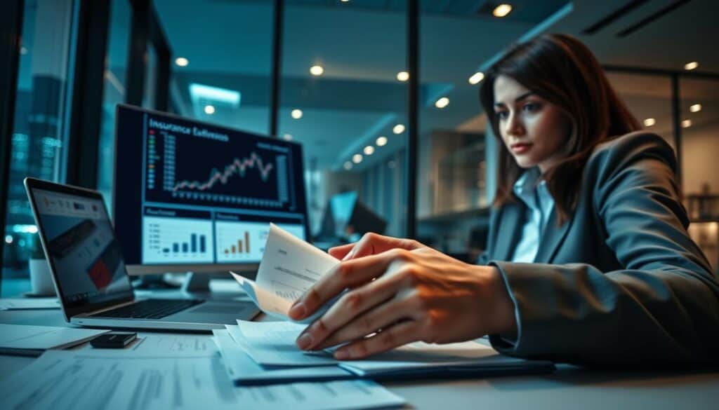A modern office environment focused on an insurance claim procedure, with a professional-looking woman in business attire reviewing documents on a desk filled with files and a laptop. In the foreground, a close-up of hands organizing paperwork, symbolizing the meticulous process of damage assessment. The middle ground features charts and diagrams related to claims processes displayed on a computer screen, illuminated by soft ambient lighting from overhead lights. In the background, a large window showcasing a city view reflects an analytical atmosphere. The overall mood is focused and serious, capturing the essence of the insurance claims handling process, with a cool color palette of blues and grays to emphasize professionalism and precision.