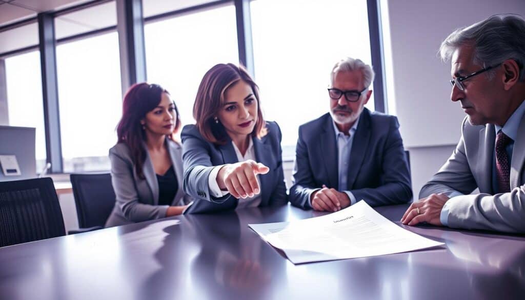 A modern office environment where a group of diverse professionals in business attire are engaged in a serious discussion around a conference table. In the foreground, a middle-aged woman points at a document spread out on the table, showcasing an insurance decision letter, while her colleagues, including a young man and an older gentleman, listen attentively. The atmosphere is tense yet focused, reflecting the weight of the decision. In the background, large windows let in bright natural light, casting shadows that add depth to the scene. Soft purple and blue tones dominate the palette, creating a professional yet somber mood. The image should convey the urgency of post-decision actions in the insurance process, emphasizing collaboration and strategy. A modern office environment where a group of diverse professionals in business attire are engaged in a serious discussion around a conference table. In the foreground, a middle-aged woman points at a document spread out on the table, showcasing an insurance decision letter, while her colleagues, including a young man and an older gentleman, listen attentively. The atmosphere is tense yet focused, reflecting the weight of the decision. In the background, large windows let in bright natural light, casting shadows that add depth to the scene. Soft purple and blue tones dominate the palette, creating a professional yet somber mood. The image should convey the urgency of post-decision actions in the insurance process, emphasizing collaboration and strategy.