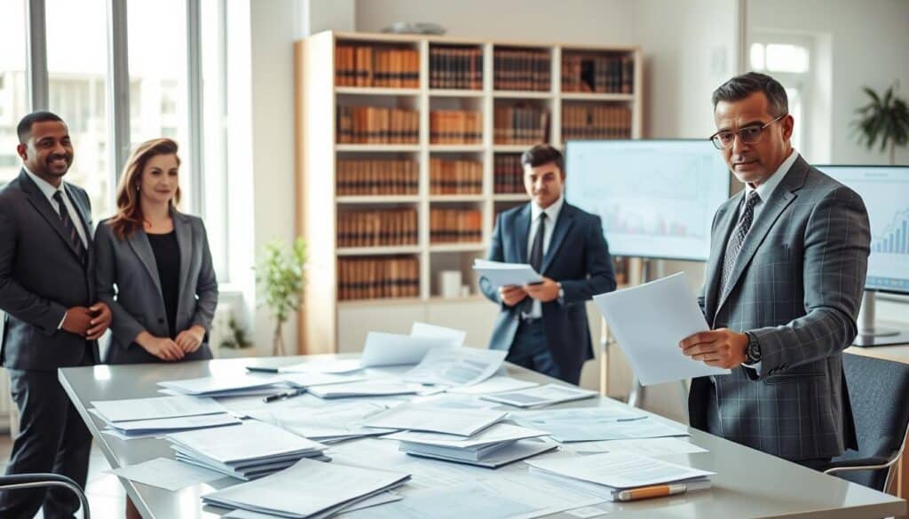 A professional and empowering image of a diverse group of individuals representing claimants in a modern office setting. In the foreground, a confident female lawyer in a tailored suit reviews documents, symbolizing legal rights, while a male claimant looks on attentively, holding a folder. In the middle ground, a large table is strewn with paperwork, highlighting the complexities of insurance claims. Bright, natural light streams through large windows, creating a positive and hopeful atmosphere. In the background, shelves filled with legal books and a computer monitor displaying legal graphs add depth to the scene. The mood should reflect determination and professionalism, aiming to inspire those seeking justice and understanding of their rights. A professional and empowering image of a diverse group of individuals representing claimants in a modern office setting. In the foreground, a confident female lawyer in a tailored suit reviews documents, symbolizing legal rights, while a male claimant looks on attentively, holding a folder. In the middle ground, a large table is strewn with paperwork, highlighting the complexities of insurance claims. Bright, natural light streams through large windows, creating a positive and hopeful atmosphere. In the background, shelves filled with legal books and a computer monitor displaying legal graphs add depth to the scene. The mood should reflect determination and professionalism, aiming to inspire those seeking justice and understanding of their rights.