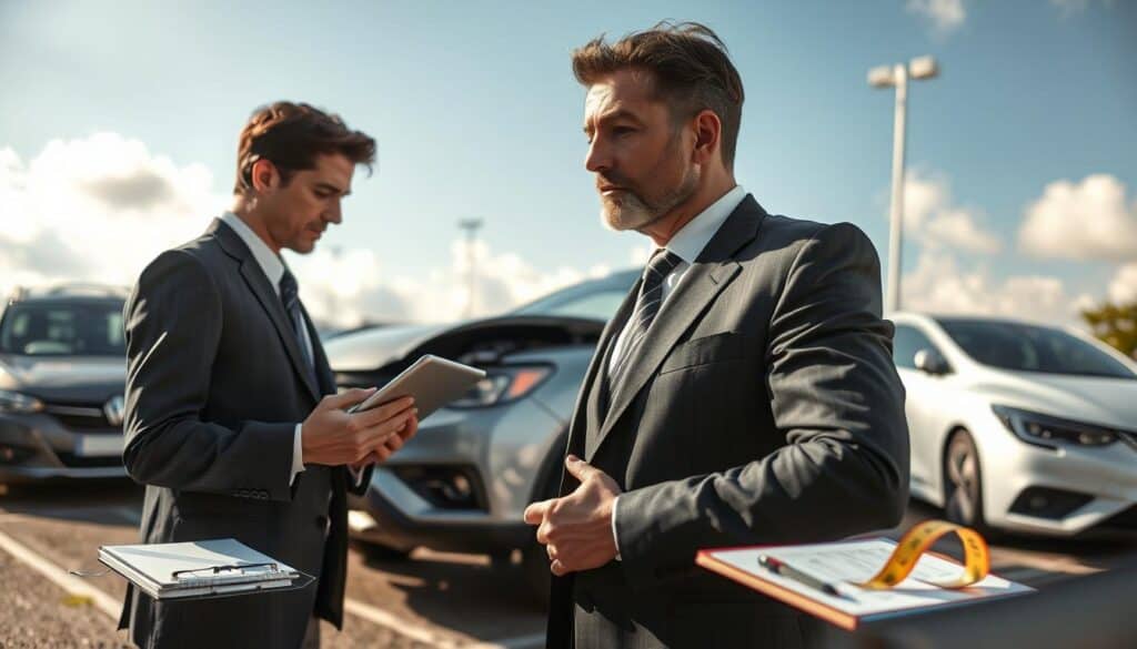 A professional and focused scene depicting a damage assessment process in an insurance context. In the foreground, a well-dressed insurance adjuster, wearing a suit and holding a digital tablet, is examining a damaged vehicle with a concerned expression. In the middle ground, the damaged car is prominently displayed, with visible dents and scratches under natural daylight. On one side, a notepad and measuring tape sit on a clipboard. The background features a parking lot with other vehicles, partially obscured by a clear blue sky and soft white clouds. The atmosphere is serious yet conducive to analysis, with warm lighting enhancing the clarity of the scene, making it suitable for a professional article. A professional and focused scene depicting a damage assessment process in an insurance context. In the foreground, a well-dressed insurance adjuster, wearing a suit and holding a digital tablet, is examining a damaged vehicle with a concerned expression. In the middle ground, the damaged car is prominently displayed, with visible dents and scratches under natural daylight. On one side, a notepad and measuring tape sit on a clipboard. The background features a parking lot with other vehicles, partially obscured by a clear blue sky and soft white clouds. The atmosphere is serious yet conducive to analysis, with warm lighting enhancing the clarity of the scene, making it suitable for a professional article.
