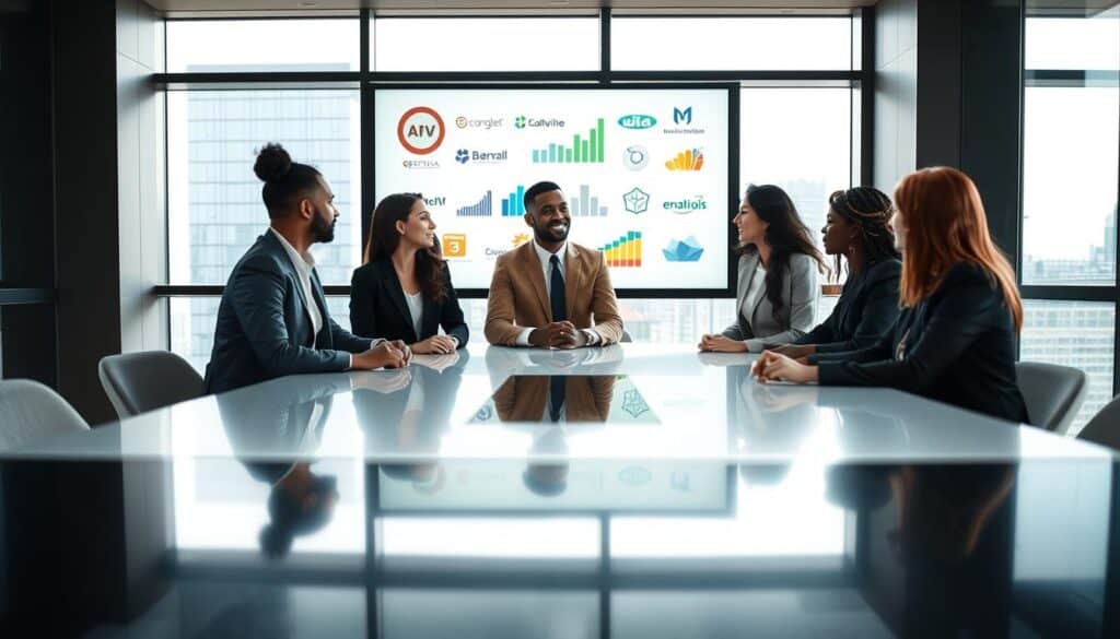 A professional and modern workspace featuring a group of diverse individuals engaged in a discussion about industry organizations. In the foreground, a diverse group of three professionals is seated around a sleek conference table, all dressed in smart business attire. The middle ground includes a large digital screen displaying graphs and logos of various industry organizations, symbolizing collaboration and networking. In the background, large windows reveal an urban skyline, allowing natural light to illuminate the scene, creating a vibrant atmosphere. The overall mood should be one of professionalism, cooperation, and dynamism, highlighting the importance of industry organizations in the business context. The image should be sharply focused with a slight depth of field to emphasize the group in the foreground.