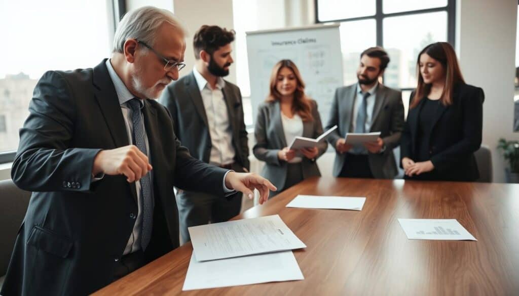 A professional and serene office setting, featuring a diverse group of individuals engaged in a discussion about claims and compensations. In the foreground, a middle-aged man in a tailored dark suit points to a document on a sleek wooden desk, while a young woman in smart business attire takes notes, looking attentive. In the background, a whiteboard displays charts and graphs related to insurance claims. Soft, natural lighting floods the room through large windows, creating a warm, inviting atmosphere. The overall mood conveys collaboration and support, emphasizing the importance of guidance for those affected by insurance disputes. The angle is slightly elevated, capturing the dynamic interaction among the group. A professional and serene office setting, featuring a diverse group of individuals engaged in a discussion about claims and compensations. In the foreground, a middle-aged man in a tailored dark suit points to a document on a sleek wooden desk, while a young woman in smart business attire takes notes, looking attentive. In the background, a whiteboard displays charts and graphs related to insurance claims. Soft, natural lighting floods the room through large windows, creating a warm, inviting atmosphere. The overall mood conveys collaboration and support, emphasizing the importance of guidance for those affected by insurance disputes. The angle is slightly elevated, capturing the dynamic interaction among the group.