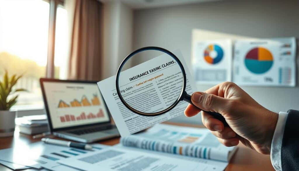 A professional business setting depicting a financial analyst in a smart suit, closely examining an insurance claim document. In the foreground, a hand holds a magnifying glass, focusing on key figures and fine print highlighting the nuances of the claim. In the middle ground, an office desk is cluttered with financial reports, a laptop displaying charts of declining payouts, and a pie chart illustrating risk distribution. The background features a large window with natural light streaming in, casting soft shadows that evoke a serious yet hopeful atmosphere. The overall mood is tense and analytical, capturing the financial implications and consequences of undervalued insurance claims. The lighting should be bright yet warm, resembling a late afternoon, to add depth to the scene. A professional business setting depicting a financial analyst in a smart suit, closely examining an insurance claim document. In the foreground, a hand holds a magnifying glass, focusing on key figures and fine print highlighting the nuances of the claim. In the middle ground, an office desk is cluttered with financial reports, a laptop displaying charts of declining payouts, and a pie chart illustrating risk distribution. The background features a large window with natural light streaming in, casting soft shadows that evoke a serious yet hopeful atmosphere. The overall mood is tense and analytical, capturing the financial implications and consequences of undervalued insurance claims. The lighting should be bright yet warm, resembling a late afternoon, to add depth to the scene.