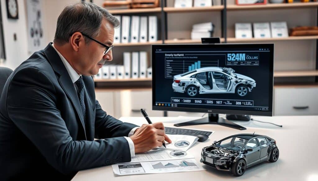 A professional damage appraiser in a well-lit office, analyzing an automobile accident report, incisively inspecting detailed photographs of a damaged vehicle laid out on a pristine desk. In the foreground, a focused middle-aged man in a tailored suit, wearing glasses, diligently jots down notes with a pen, his expression reflecting deep concentration and expertise. The middle ground features a computer monitor displaying a 3D model of the car's structural damages with charts and graphs illustrating compensation calculations. The background reveals shelves filled with auto repair manuals and industry certificates, contributing to an atmosphere of professionalism and authority. Soft, natural lighting bathes the scene, casting gentle shadows for a realistic touch, captured with a shallow depth of field to emphasize the appraiser's role in the claims adjustment process. A professional damage appraiser in a well-lit office, analyzing an automobile accident report, incisively inspecting detailed photographs of a damaged vehicle laid out on a pristine desk. In the foreground, a focused middle-aged man in a tailored suit, wearing glasses, diligently jots down notes with a pen, his expression reflecting deep concentration and expertise. The middle ground features a computer monitor displaying a 3D model of the car's structural damages with charts and graphs illustrating compensation calculations. The background reveals shelves filled with auto repair manuals and industry certificates, contributing to an atmosphere of professionalism and authority. Soft, natural lighting bathes the scene, casting gentle shadows for a realistic touch, captured with a shallow depth of field to emphasize the appraiser's role in the claims adjustment process.